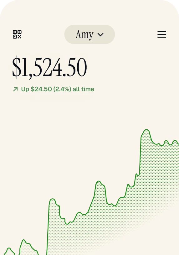 White House Accounts app showing a child's balance of $1,524.50, up 2.4% all time